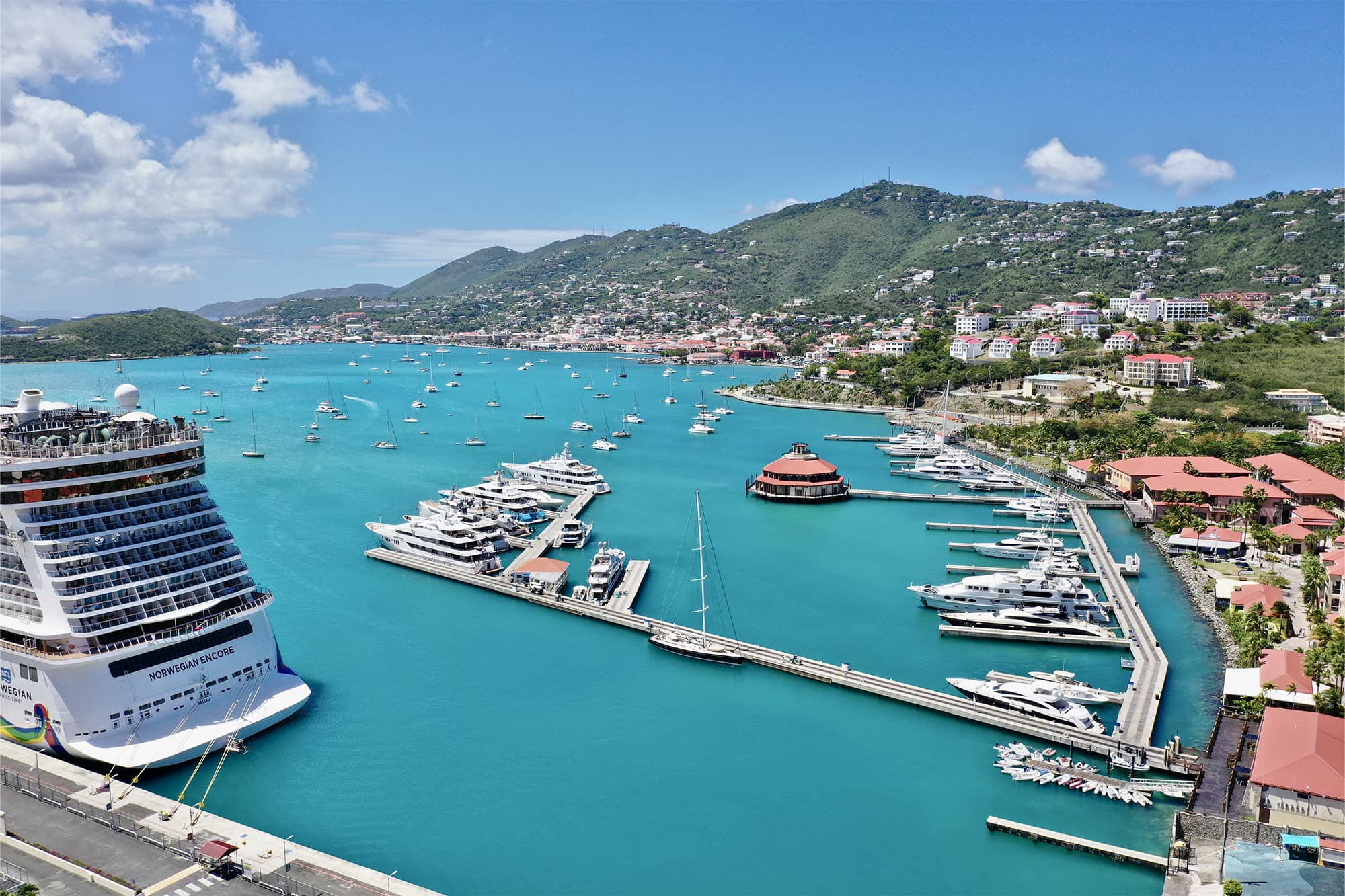 Charlotte Amalie waterfront and the hills of St. Thomas seen from the harbor