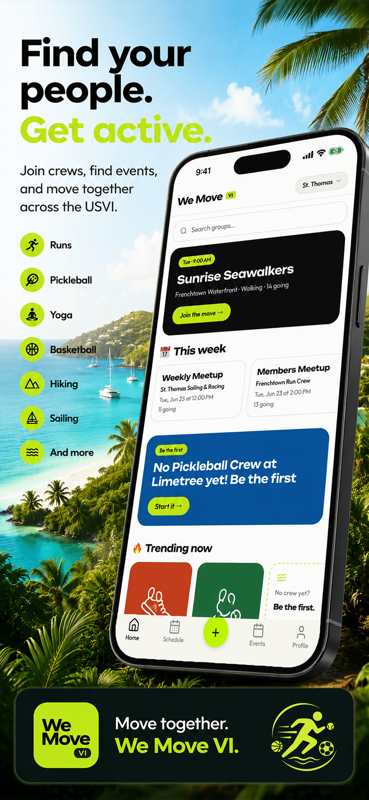 We Move VI app screen showing upcoming sports and activities in the U.S. Virgin Islands